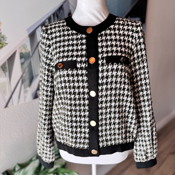 Ann Taylor Houndstooth Jacket Medium Petite Black White & Gold Metallic Shimmer! - Picture 3 of 9